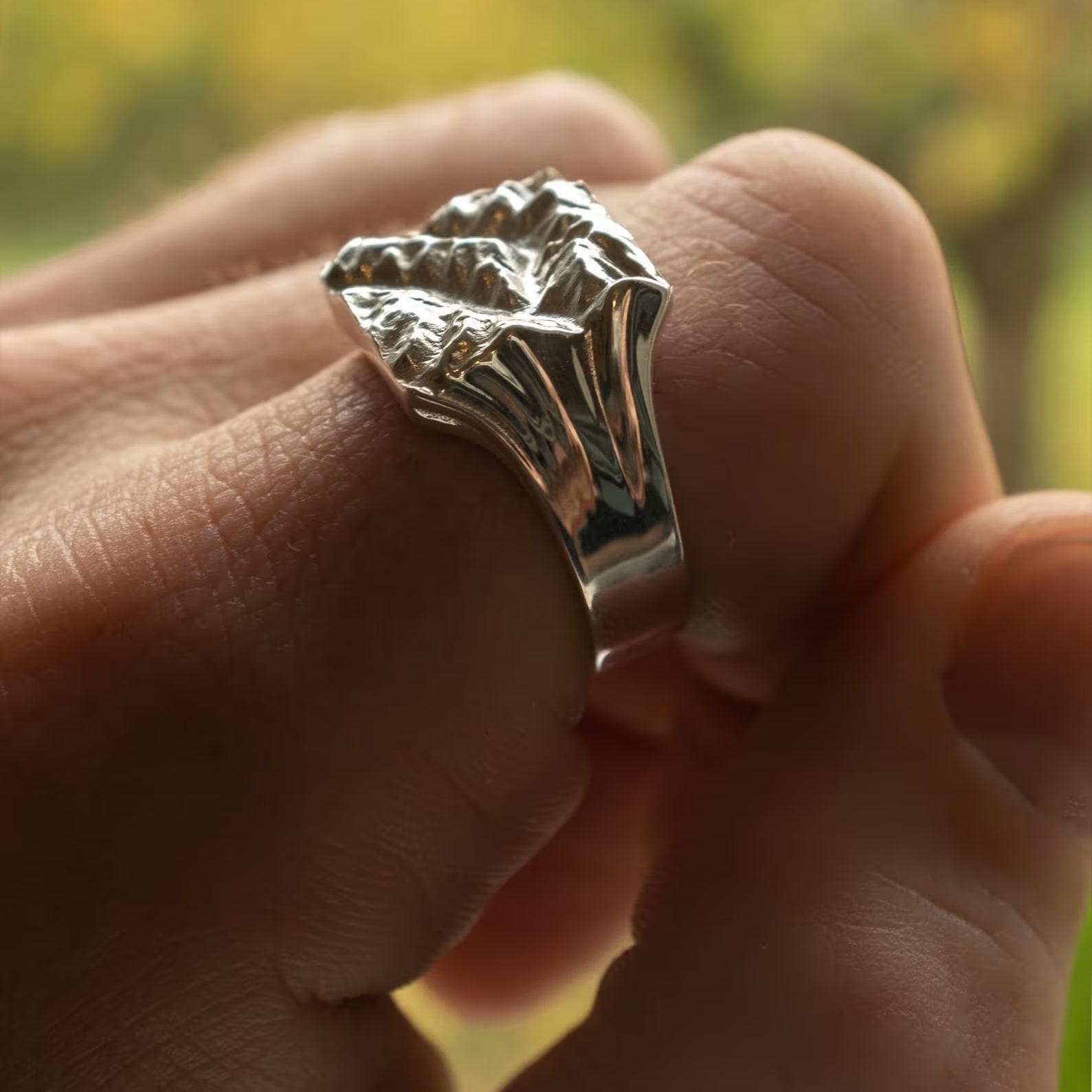 Silver signet ring cast from topography